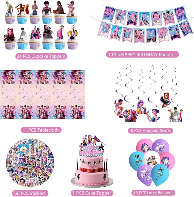 109pcs Kpop Demon Hunters Party Supplies Birthday Decorations Set Include Banner, Balloons, Stickers, Hanging Swirls, Cake Cupcake Toppers, Tablecloth for Boys Girls Demon Hunters Theme Party (Pink)