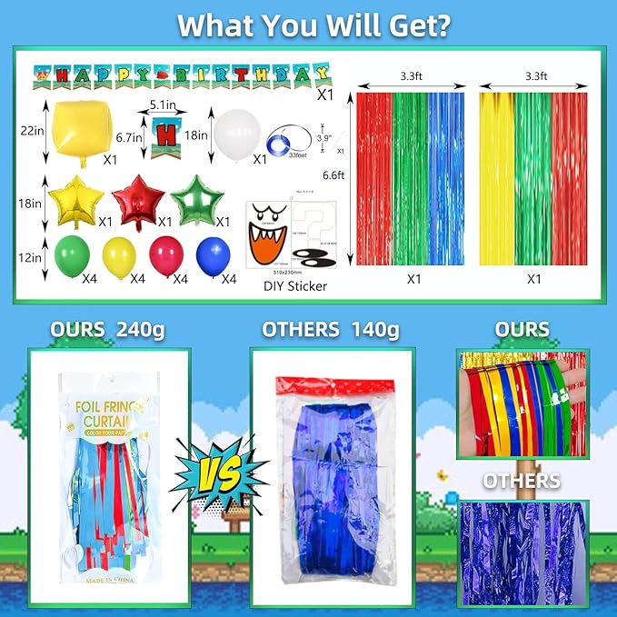 Super Bros Birthday Party Decoration, Including 2Pack Red Green Blue Yellow Foil Fringe Curtains, 1pc Mario Themed Birthday Banner & 22pcs Balloons for Video Game Mario Theme Birthday Party Supplies