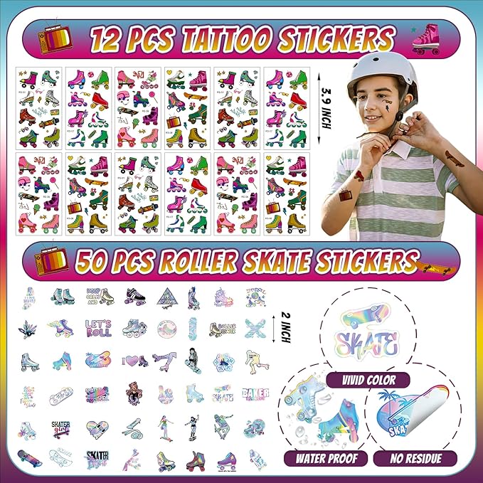 134 Pcs Roller Skate Party Favors Set with Straws Keychains Slap Bracelet Tattoo Roller Skate Stickers Wristbands Goodie Bags Roller Skating Party Supplies Skate Party Decorations