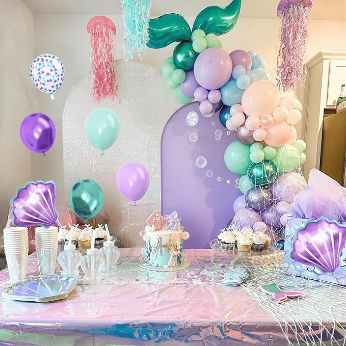 9th Mermaid Birthday Decoration,Metallic Purple Pink Green Blue Latex Balloons for Girls Party Decoration Number 9 Seashell Foil Balloons Banner Cake Topper Sea Decorations 9 Year Old Decor