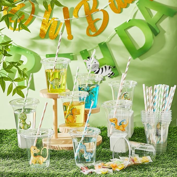 Boao 36 Sets Dinosaur Baby Shower Favors Watercolor Dinosaur Party Cups with Lids and Paper Straws 14 oz Dino Birthday Party Supplies Dino Disposable Clear Plastic Cups Bulk