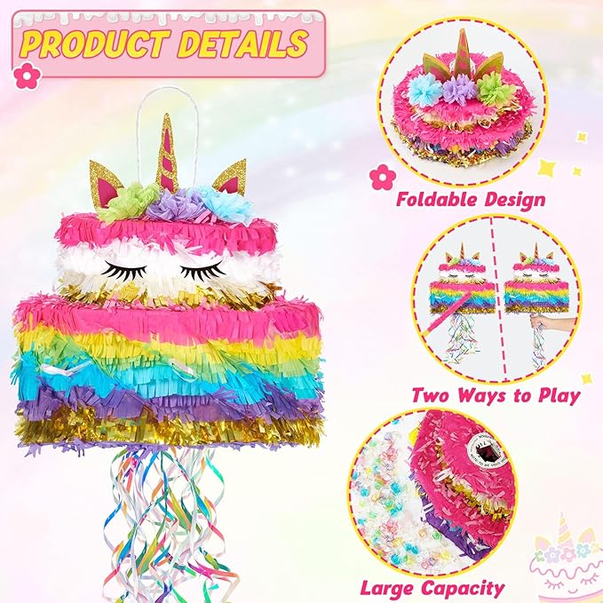 WERNNSAI Unicorn Cake Piñata Foldable - Unicorn Party Decorations Pink Girl Birthday Party Games Princess Piñata with Blindfold Bat and Tassels Happy Birthday Supplies for Kids Girls Classroom Game