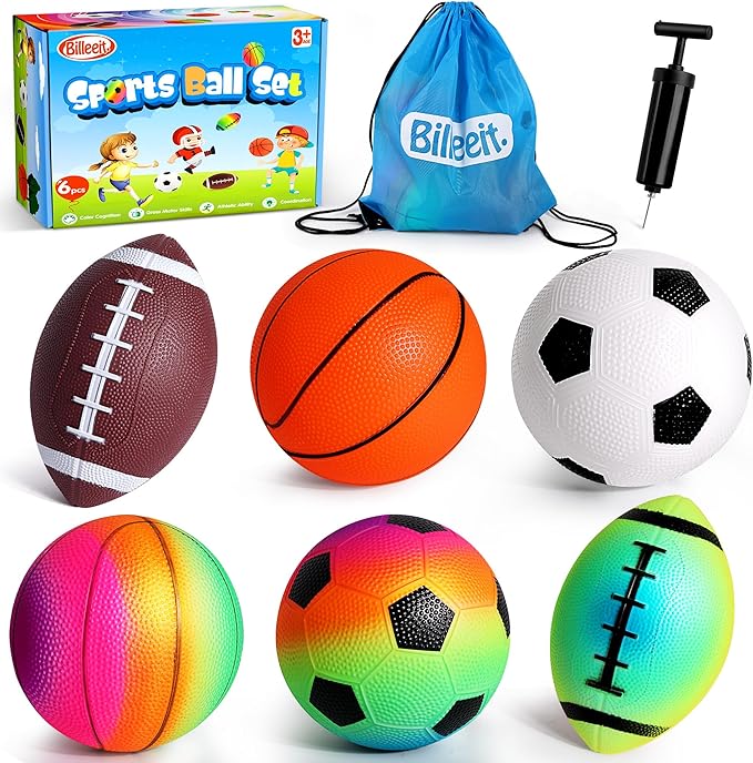 Small Sports Balls for Toddler Pack of 6, Easter Gifts for Kids, 2 Each of 5" Football, Basketball, Soccer for Playground, Toy Balls Inflatable Multi-Sport Ball Set with 1 Pump