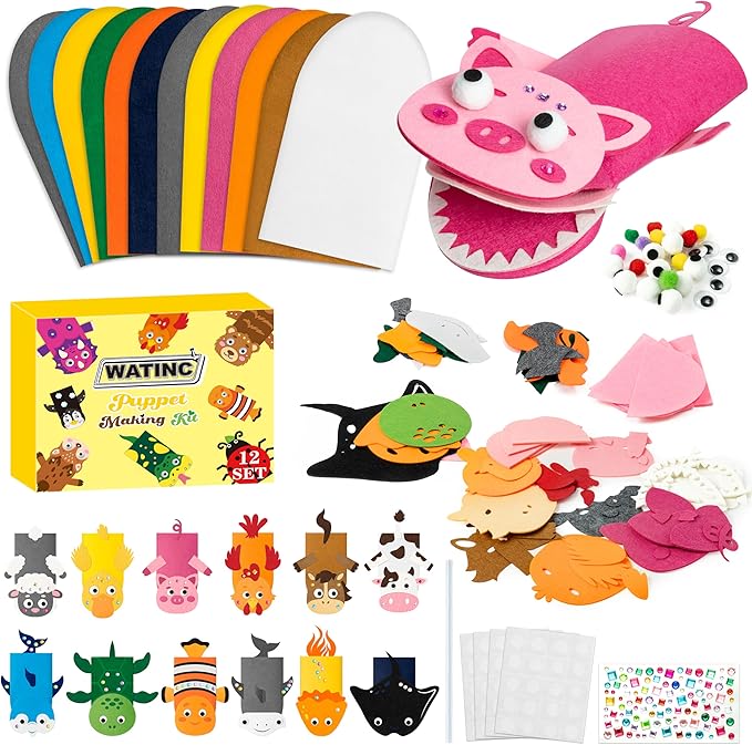 WATINC 12Pcs Hand Puppet Making Kit, Art Craft Felt Sock Puppet Toys, Creative DIY Make Your Own Pompoms Wiggle Googly Eyes Storytelling Role Play Party Supplies Gift for Girls Boys (Farm A Ocean A)