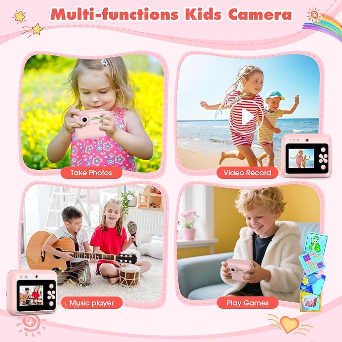 Kids Camera Instant Photo Printing,HD Digital Video dual Cameras for Toddler,Kids Digital Camera That Print Photos Christmas Birthday Gifts for Boys and Girls with 32GB SD & 3 Rolls Print Paper (Pink)