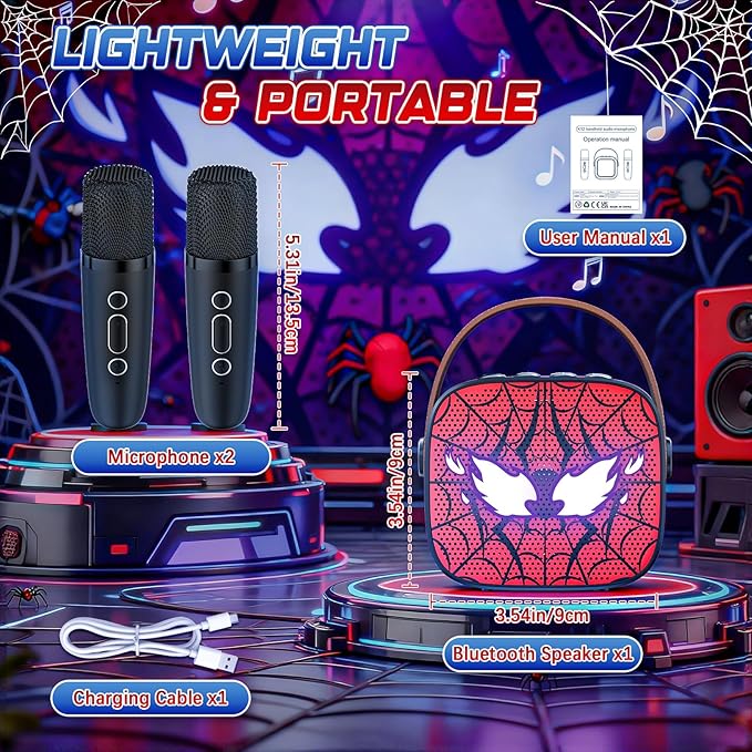 Spider Mini Karaoke Machine for Kids - TOP Karaoke Toys for 3 4 5 6 7 8 9 10 11 12+ Year Old Boys Girls, Portable Bluetooth Speaker with 2 Wireless Microphones, Kids Christmas Birthday Party Gifts(BK)