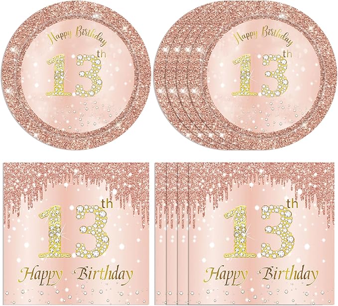 40PCS 13th Birthday Decorations for Girls Rose Gold Sweet 13 Birthday Decorations Disposable Tableware Include 13th Birthday Plates and Napkins for Official Teenager 13th Birthday Gifts