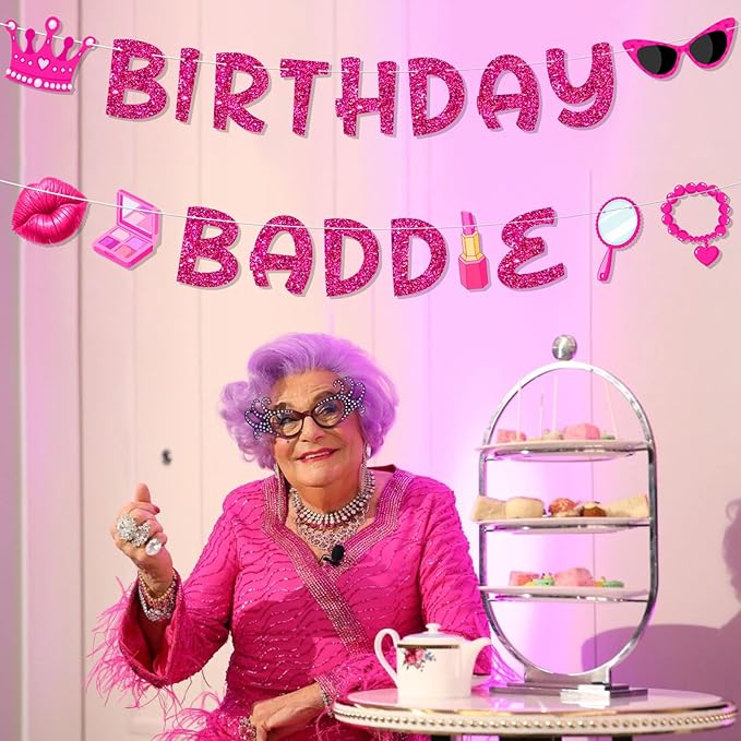 Pre-Strung Hot Pink Birthday Baddie Decorations, NO DIY Glitter Birthday Baddie Banner, Funny Brithday Party Supplies for Women and Girls