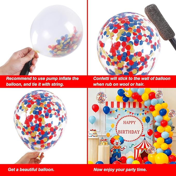 RUBFAC Carnival Circus Balloon Garland Arch Kit, 120pcs Red Blue Yellow Primary Color Balloons Rainbow Multicolor Confetti and Star Foil Balloons for Birthday Party Carnival Theme Decorations