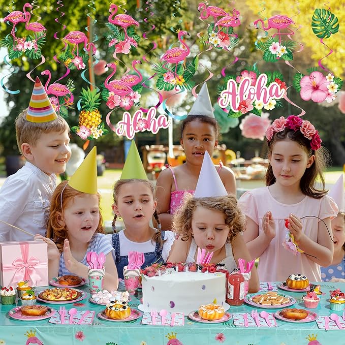 Buryeah 179 Pieces Flamingo Birthday Party Supplies Tropical Hawaiian Party Decorations for Girls Kids Included Banner Tablecloths Hanging Swirls Plates Napkins Cups Forks Spoons Knife for 24 Guests