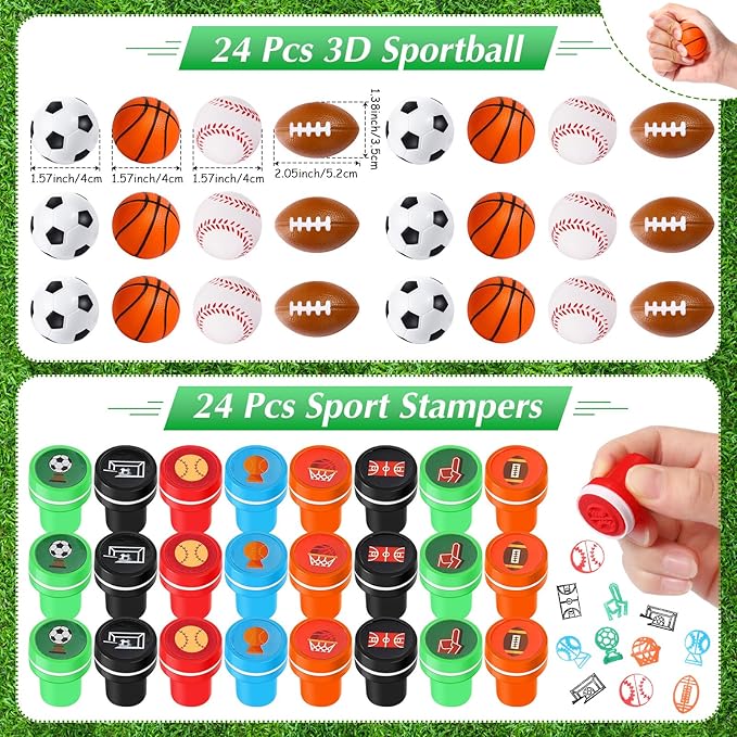 Aoriher 120 Pcs Sport Balls Party Favors Set Serve 24, Basketball Football Soccer Goodie Foam Finger Mini Stress Ball Slap Bracelet Charm Bracelet Stamp for Kids Party Supplies