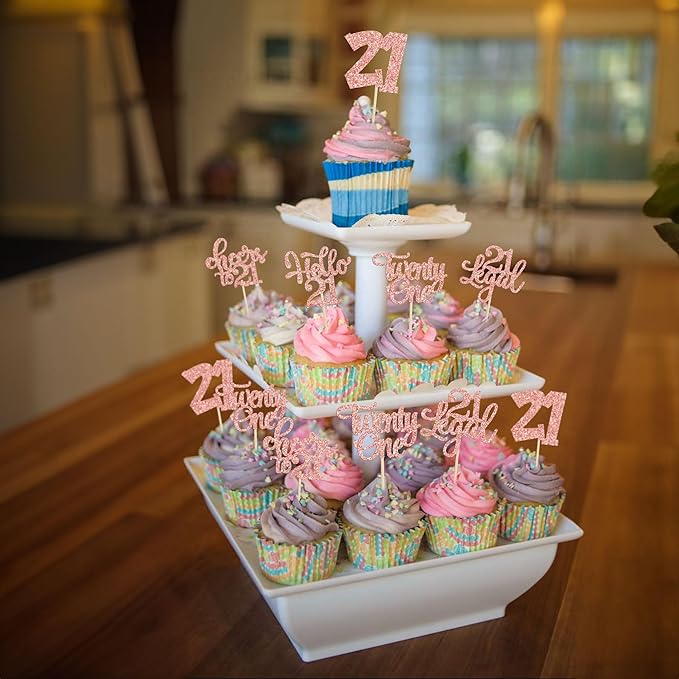 30Pcs 21st Birthday Cupcake Toppers Twenty One Legal 21st Cupcake Picks Cheers to 21 Years Old Cake Decorations for Birthday Anniversary Party Supplies Rose Gold Glitter