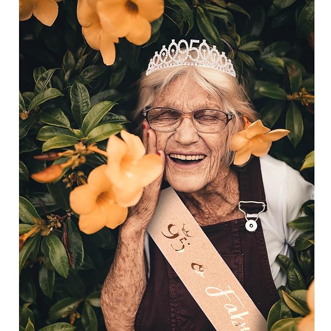 CIEHER 95th Birthday Crown and Sash, 95 & Fabulous Sash, 95th Birthday Decorations for Women - Rose Gold
