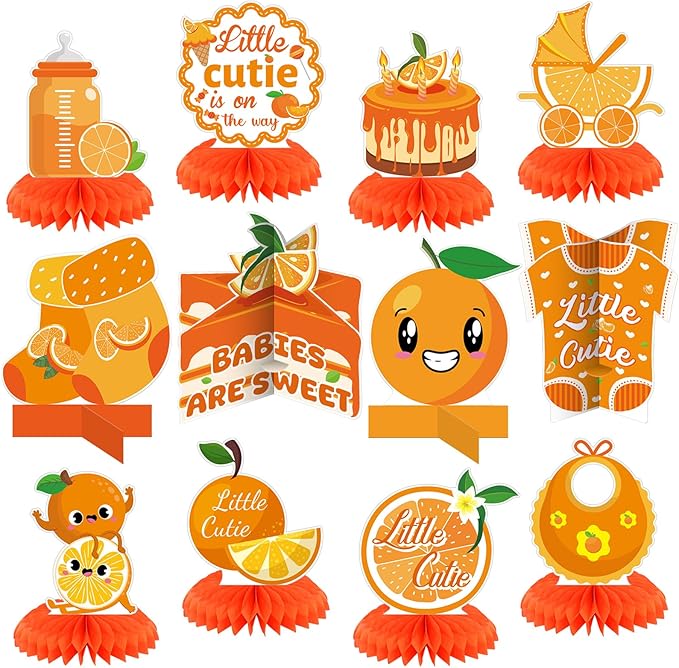 12 Pcs Little Cutie Baby Shower Decorations Orange Citrus Honeycomb Centerpieces Cakes Socks Table Topper Oranges Baby Shower Decorations for Table Birthday Party Favors Supplies
