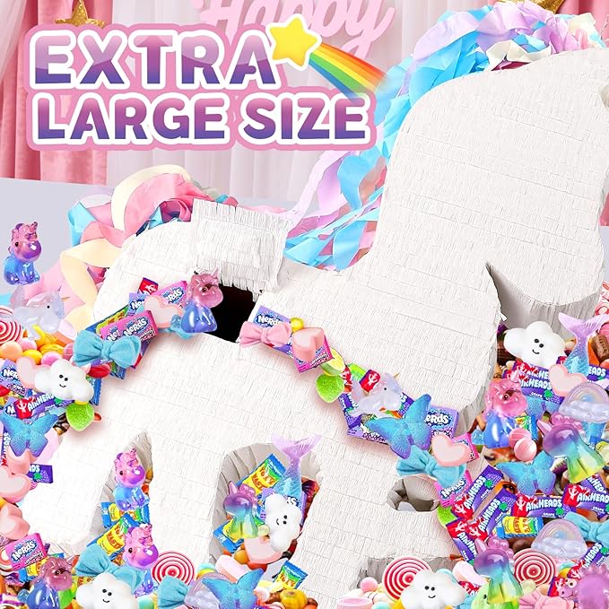 24" Large Rainbow Unicorn Pinata for Birthday Party, Large Magical White Unicorn Party Decorations with Gold Horn, Paper Mache Pinata for Candy Fillers, Pull String/Hit Game for Kids Girls Teens