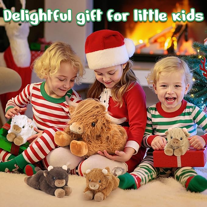 5PC Highland Cow Stuffed Animals with Babies Inside, 1 Mommy Highland Cow Plush & 4 Surprise Babies, Cute Soft Plush Toy for Kid Boy Girl Age 3-8, Gifts Ideal for Birthday, Christmas Imaginative Play