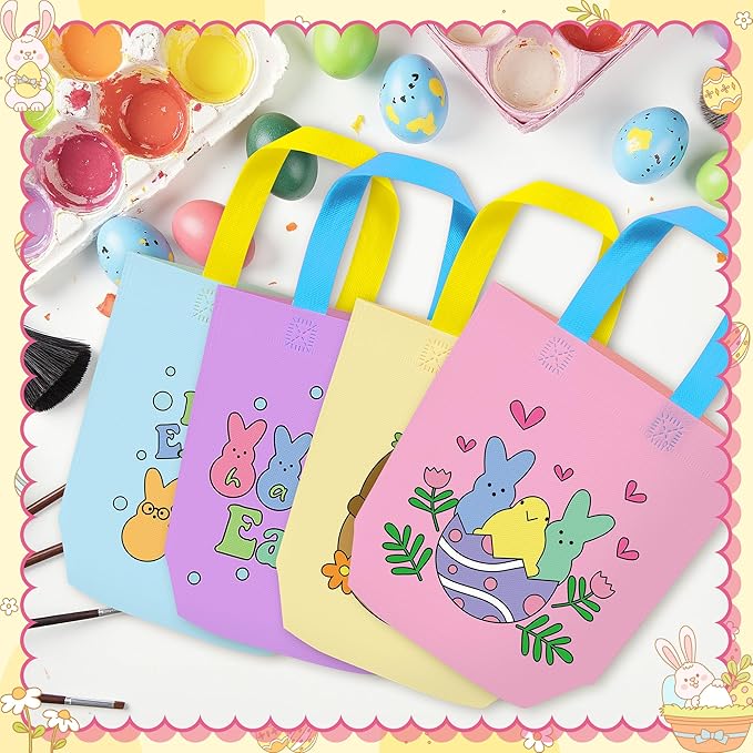Easter Coloring Goodie Bags for Kids - 24Pcs Bunny Bulk Color Your Own Gift Bags with Handle Colorful Rabbit Reusable Non Woven Coloring Tote Packet for Spring Easter Holiday Party DIY Painting Favors