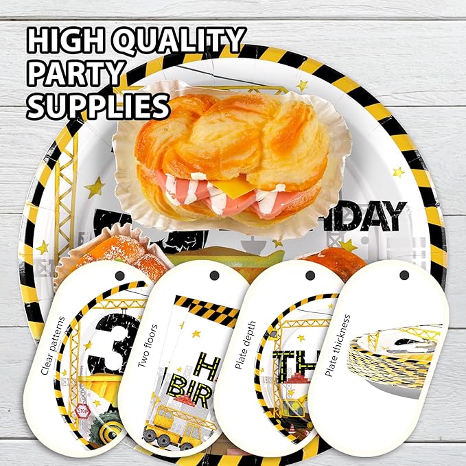 96 Pcs Construction 3rd Birthday Party Supplies Construction Plates Napkins Forks Tableware Set Excavator 3rd Birthday Decorations for Boys Dump Truck Theme 3 Year Old birthday Decorations Serves 24