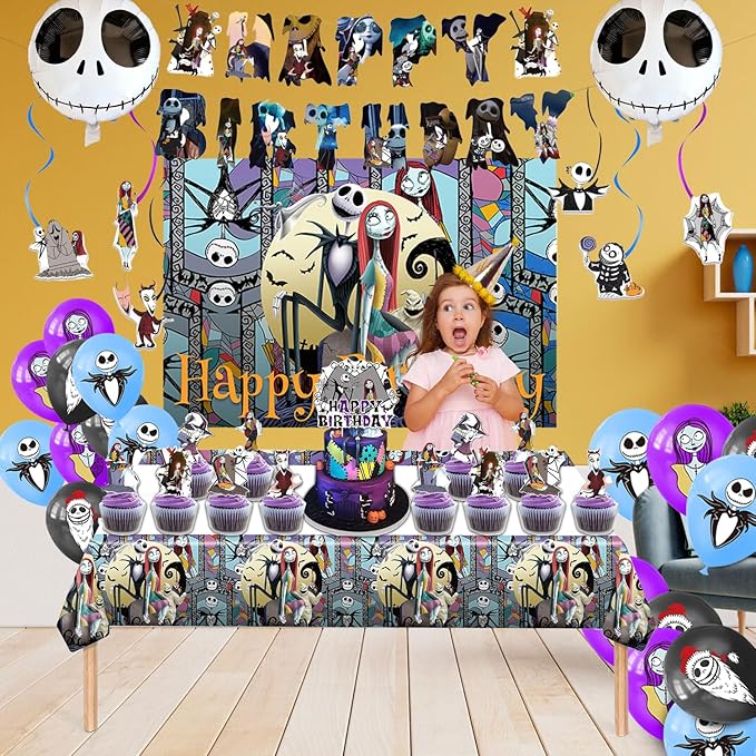 Birthday Decorations, Nightmare Christmas Party Supplies Halloween Birthday Party Decorations Set Includes Banner Balloons Tablecloth Backdrop Hanging Swirls Cake Toppers