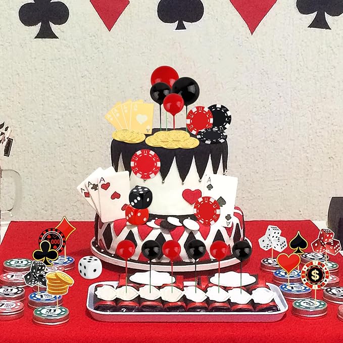 Hooqict 39 Pieces Casino Cake Decorations Set with Mini Slot Machine Dice Poker Birthday Cake Toppers & Cupcake Toppers for Las Vegas Casino Night Theme Party Decorations