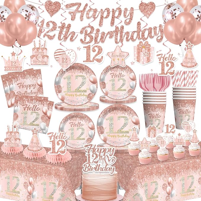 201 Pcs 12th Birthday Decorations for Girls, Pre-assembled Happy 12th Birthday Banner Cake Topper Rose Gold Plates and Napkins Party Supplies with 2 Pcs 12 Birthday Tablecloth for 12 Year Old Girl