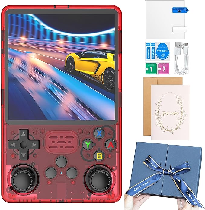 HatiLuminis R36plus Handheld Retro Game Console 4.0-inch IPS Screen,Preloaded with Classic Games,Portable Pocket Video Gaming with Valentine's Card & Premium Gift Box (Red)
