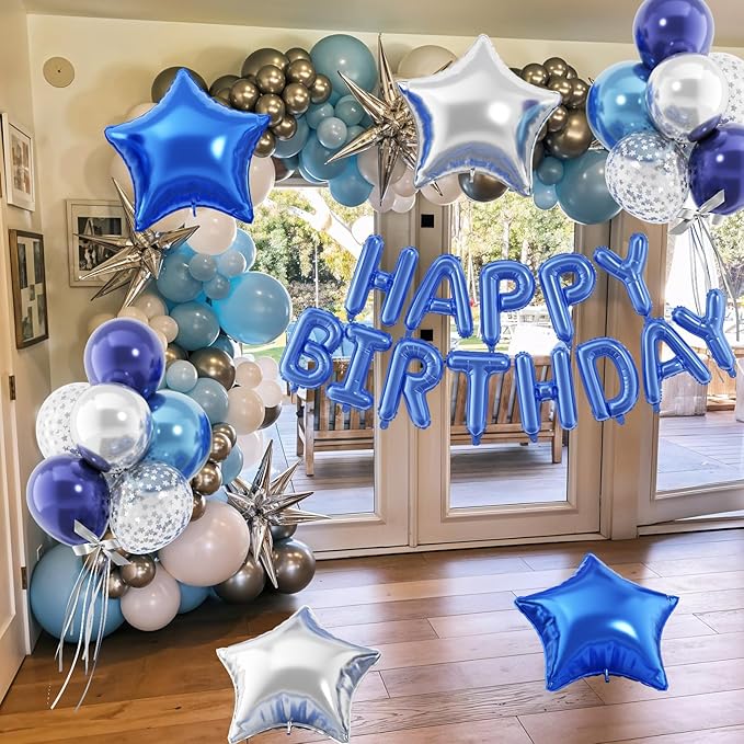 29PC Blue Happy Birthday Balloon Banner, 16 Inch 3D Aluminum Letter Banner Sign, Metallic Silver Pearl Dark Blue Confetti Balloons 18 Inch Star Foil Balloons for Women, Men Party Supply
