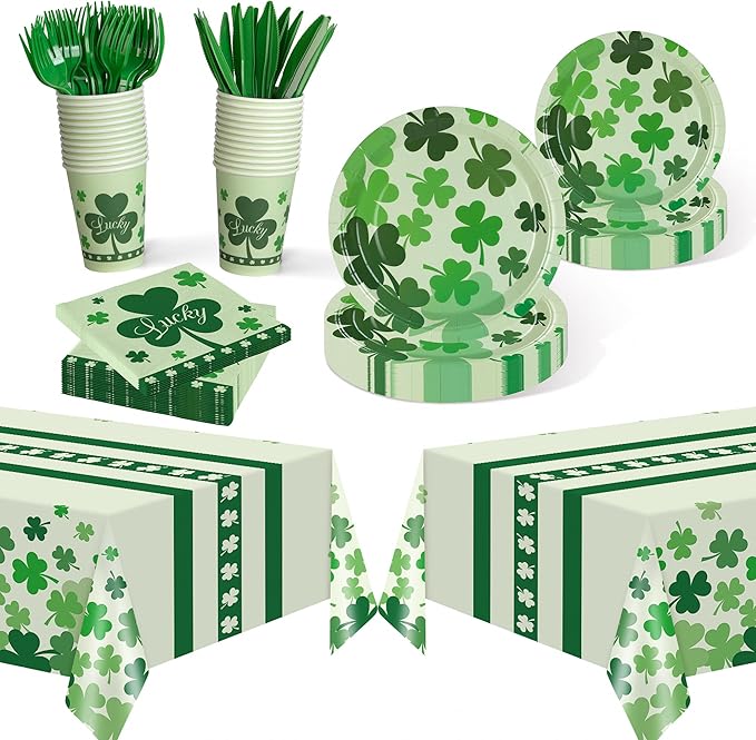 Childom St Patricks Day Party Supplies Decorations,147 Pcs Disposable St Patricks Day Tableware Set with Green Plastic Tablecloth Knives Fork,Paper Plates Napkin Cups for St Patrick's Day Decorations