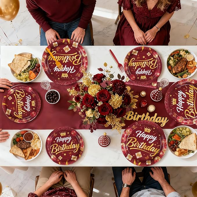 96Pcs Burgundy Birthday Party Decorations Maroon Wine Red Gold Birthday Paper Plates and Napkins Sets Red Golden Burgundy Theme Decorations for Winter Holiday Bday Dinner Party Supplies Serves 24