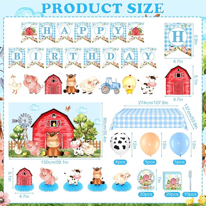 Blue Farm Animals Birthday Party Supplies for Boys Tableware Set Decorations Includes Backdrop Balloons Plates Napkins Forks Banner Honeycomb Centerpieces Tractor Baby Shower Decor