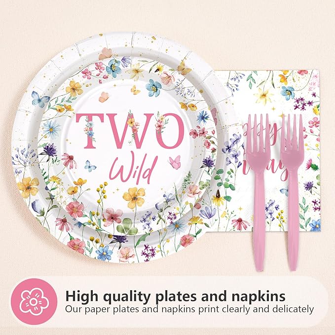 96Pcs Wildflower 3rd Birthday Decoration Our Little Wildflower Is Turning Three Plates and Napkins Spring Flower Third Birthday Decoration for Girl Floral Three Years Old Bday Party Supplies Serve 24