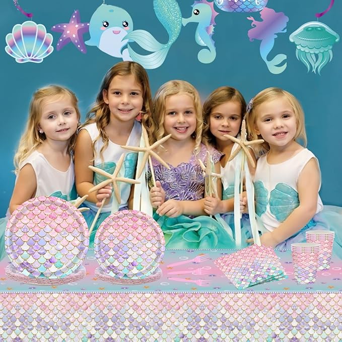 121 Pcs Mermaid Birthday Party Decorations Plates Set for 24 Guests,Little Mermaid Party Supplies Ocean under the Sea Party Tableware Plate,Fork,Napkins Tablecloths Cups for Princess Girls