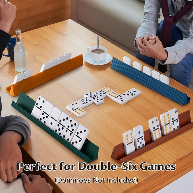 Silicone Domino Racks Set of 8, 10"x1.18"x1.18" Dominoes Holders/Trays 3 Tilt Options for Mexican Train Chickenfoot & Other Domino Games, Double 6 Accessories, 4 Colors (Dominoes NOT Included)