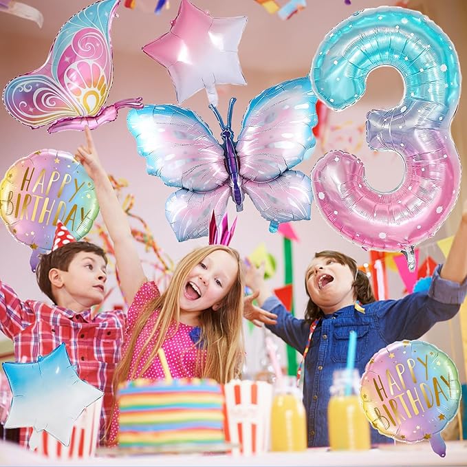 Butterfly 3rd Birthday Decorations for Girls, Gradient Pink Colorful Foil Balloon, Giant Number 3 Mylar Balloon, 3 Years Old Theme Party Supplies Decor