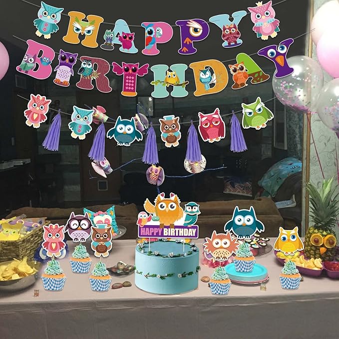 Owl Birthday Decorations - Cute Owl Theme Party Supplies with Birthday Banner, Colorful Tissue Paper Tassels Garland, Cake Toppers Set for Baby Shower, Kids Woodland Bday Party Decors