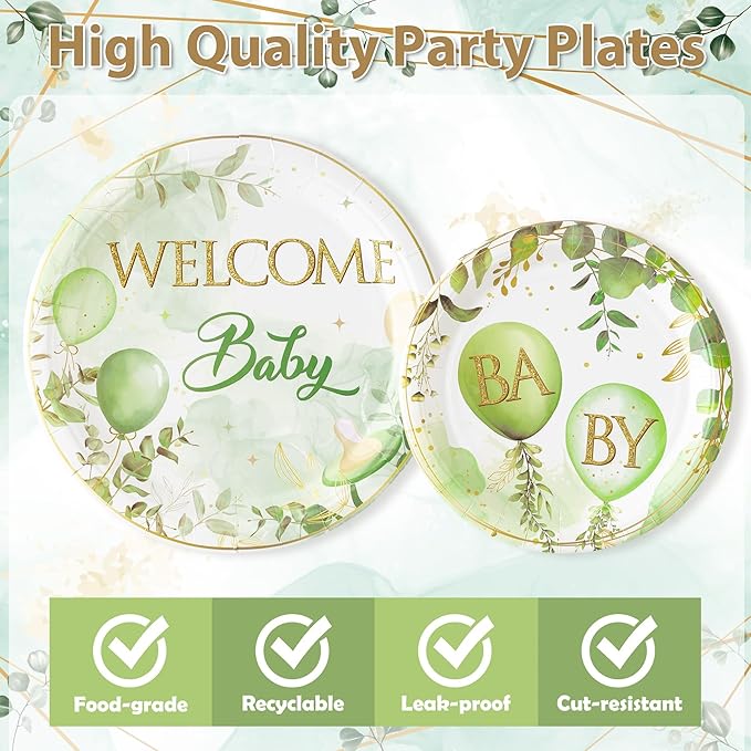 96Pcs Welcome Baby Greenery Baby Shower Sage Green Balloon Party Plates Supplies Tableware Decorations Disposable Paper Plates Napkins Forks for Birthday Gender Reveal, Serves 24