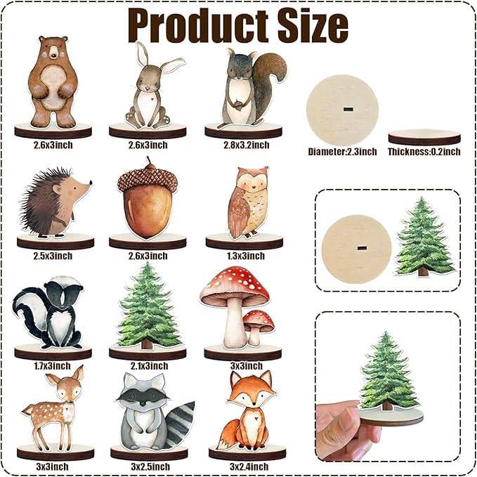 12 Pcs Painted Woodland Animals Wood Table Centerpieces Cutout Shapes Woodland Baby Shower Decorations Wild Creatures Wood Table Topper for Forest Camp Party Supplies