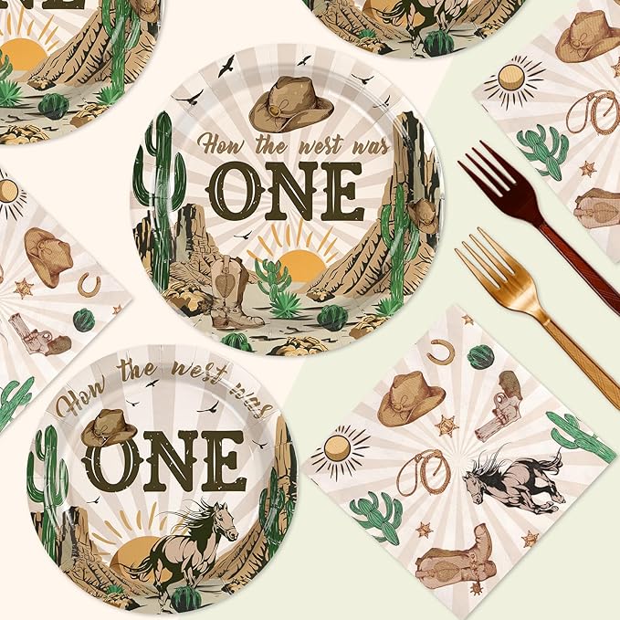 96Pcs How the West Was One Party Decorations 350 GSM Western Cowboy 1st Birthday Plates and Napkins Tableware Set for Boys One Year Old First Rodeo Wild West Party Supplies Serve 24