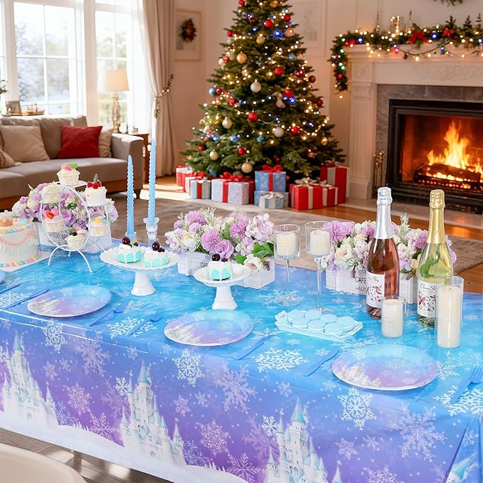 6 Pack Frozen Tablecloth, 54 x 108 Inch Snowflake Plastic Tablecloths Blue and Purple Snowflakes Table Cover, Winter Wonderland Table Cloth for Holiday Frozen Birthday Party Supplies