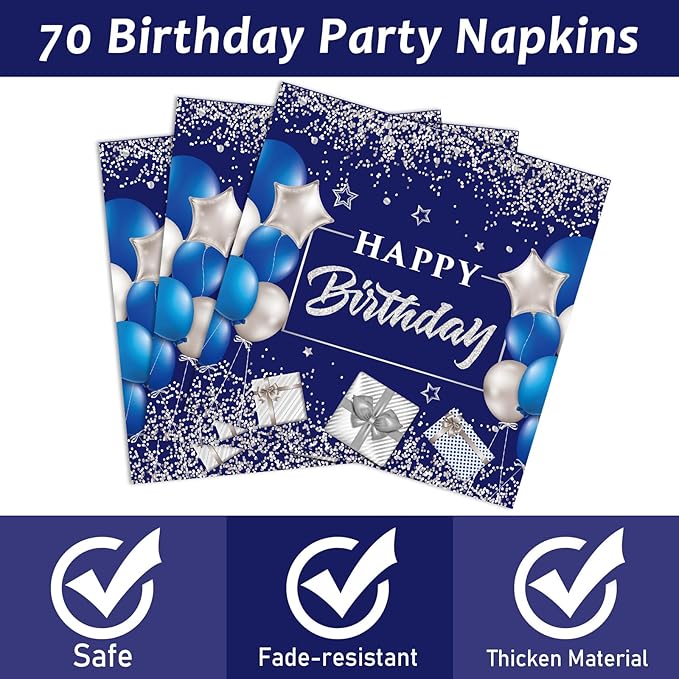 96 Pcs 70th Birthday Party Supplies - Navy Blue & Silver Plates, Napkins, Forks & Table Decorations for 24 Guests