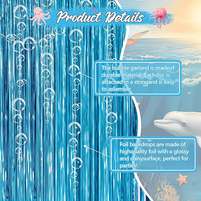 Under The Sea Party Decorations,1 Blue Fringe Backdrop 3 Bubble Garlands with Tape for Beach,Water,Pool,Ocean Themed Decor,Mermaid Birthday Photo Props,Ocean Baby Shower Party Supplies