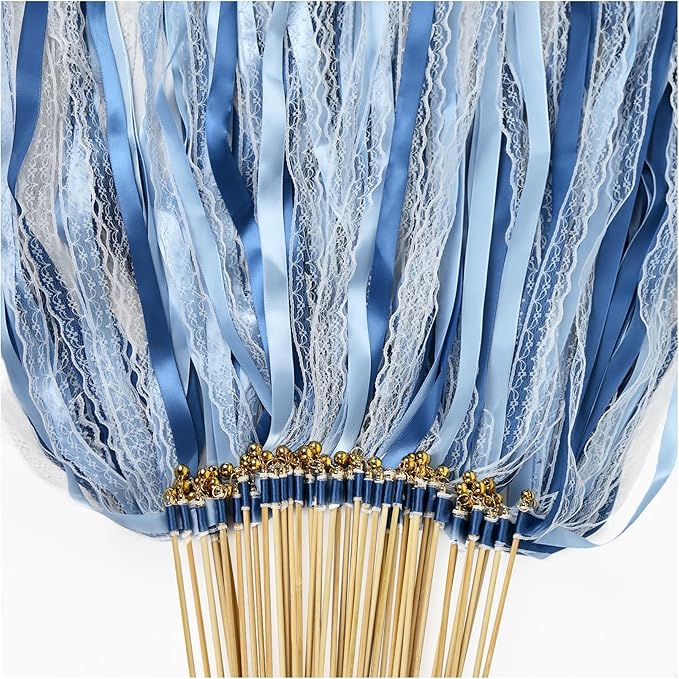 50Pcs Ribbon Sticks Wands Streamers with Bells Silk Fairy Stick Party Ribbon Streamers for Wedding Party, Birthday and Holiday Activities-Blue