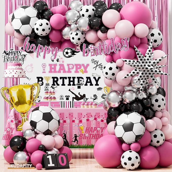 Pink Soccer Birthday Party Decorations Kit for Girls – Soccer-Themed Party Supplies with Backdrop Tablecloth Cake & Cupcake Toppers Soccer Party Decor for Soccer Fans Girls Women Birthday Decorations