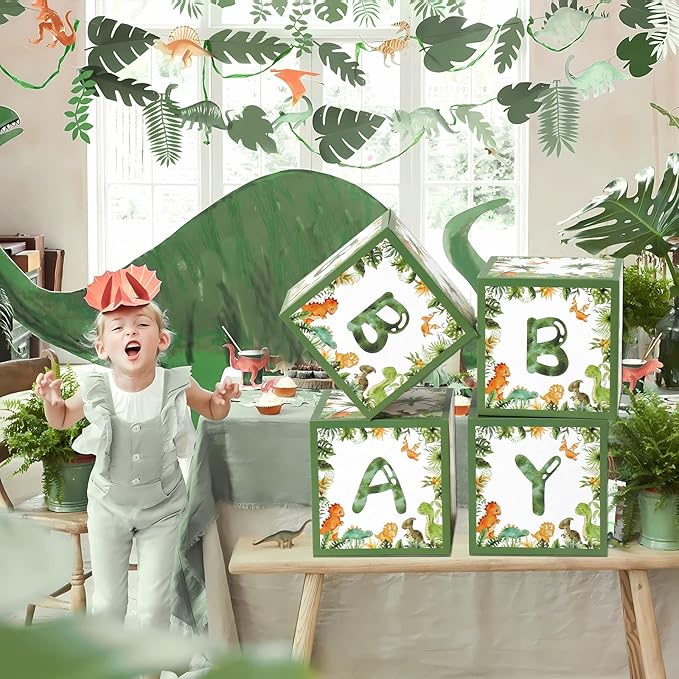 Dinosaur Baby Shower Decorations Box - Green Jungle Dinosaur Baby Boxes for Boys，Dinosaur Birthday Party Boxes Block for Woodland Safari Baby Shower Supplies Photo Props Backdrop