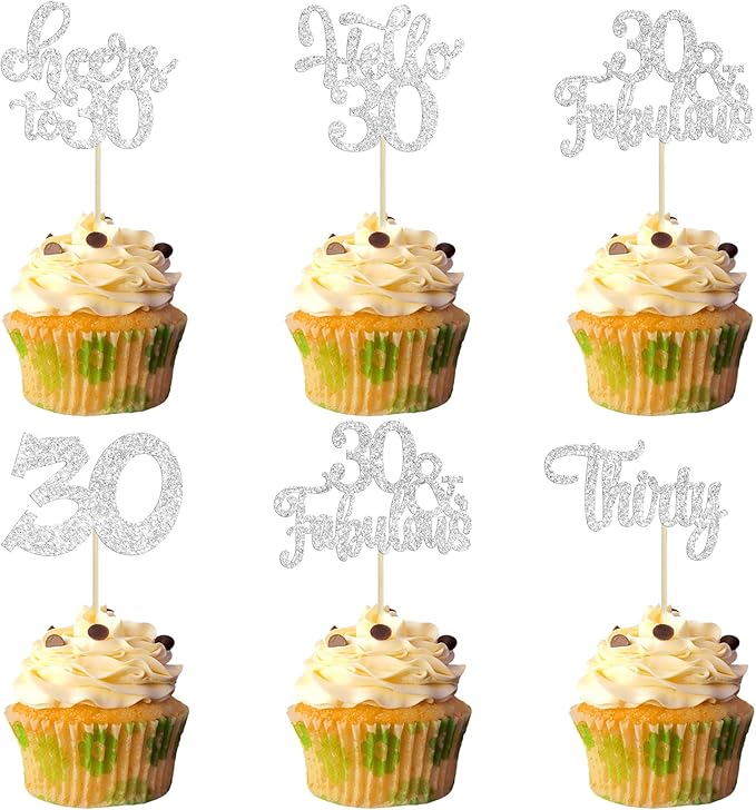 30Pcs Happy 30th Birthday Cupcake Toppers Silver Glitter Thirty Cheers to 30 Birthday Cupcake Picks for Happy 30th Anniversary Party Cake Decorations Supplies