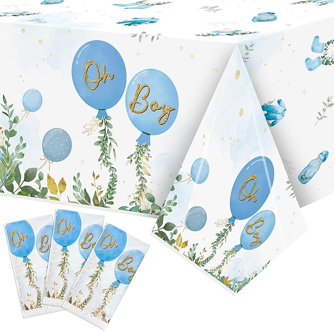 Baby Shower Party Tablecloths - 3Pcs Watercolor Blue Birthday Party Table Cover Decorations, Oh Boy Themed Rectangular Plastic Disposable Table Cloth for Baby Boys Birthday Gender Reveal Supplies