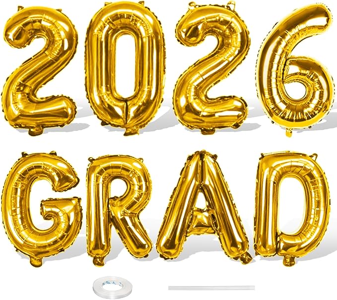 2026 Congrats Grad Balloons, 16 Inch Metallic Gold 2026 GRAD Foil Balloons Banner Sign for Graduation Decorations 2026, College High School Class of 2026 Graduate Congratulations Party Decor Supplies