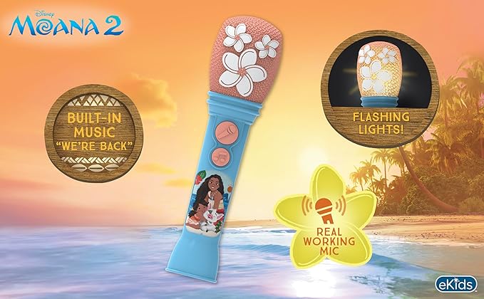 ekids Disney Princess Moana Toy Microphone for Kids, Musical Toy for Girls with Built-in Music, Kids Microphone Designed For Fans of Moana Toys for Girls