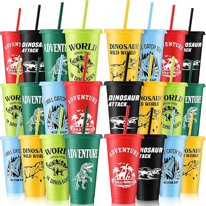 Mifoci 24 Pcs Dinosaur Party Favor 24 oz Plastic Cup with Lids and Straws Set Kids Reusable Dinosaur Cup Decorations for Beverage Birthday Party Dino Supplies (Colorful)