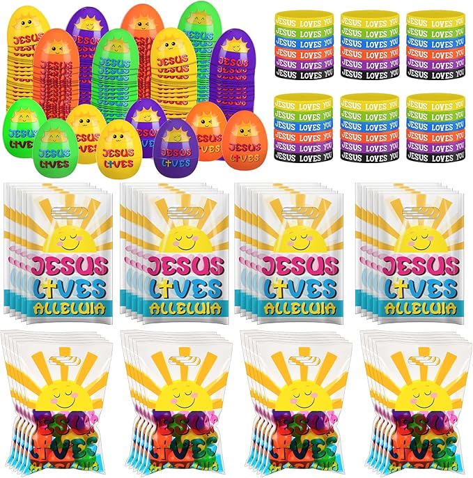 108 Pcs Easter Religious Party Favor Easter Eggs Fillers Christian Goody Bags Jesus Loves You Wristbands Party Supplies for Gift Church (Jesus Lives)
